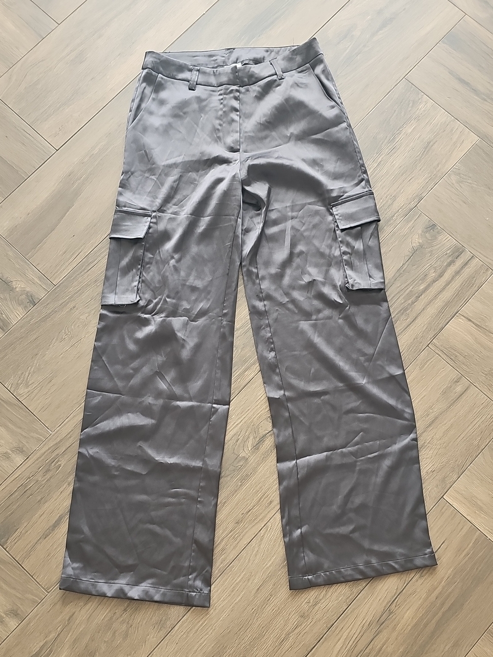 Wide Leg Cargo Silk Pants - Slate Gray, Size XS